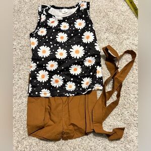 Daisy Print Black Tank Top And Brown Belted Shorts Girls 2-3t Toddler Outfit NEW